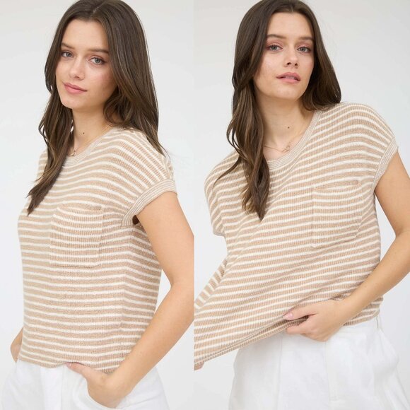 Workshop Studio Tops - Faith Stripe Pocket Detail Short Sleeve Pullover Sweater Top